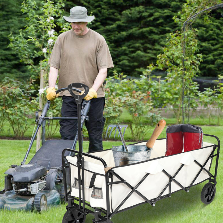 YSSOA Extended Folding Utility Wagon, 330LBS Heavy Loaded Collapsible Garden Cart with Anti-Slip Wheels, Adjustable Handle and Side Pockets, Large, White, X-Large