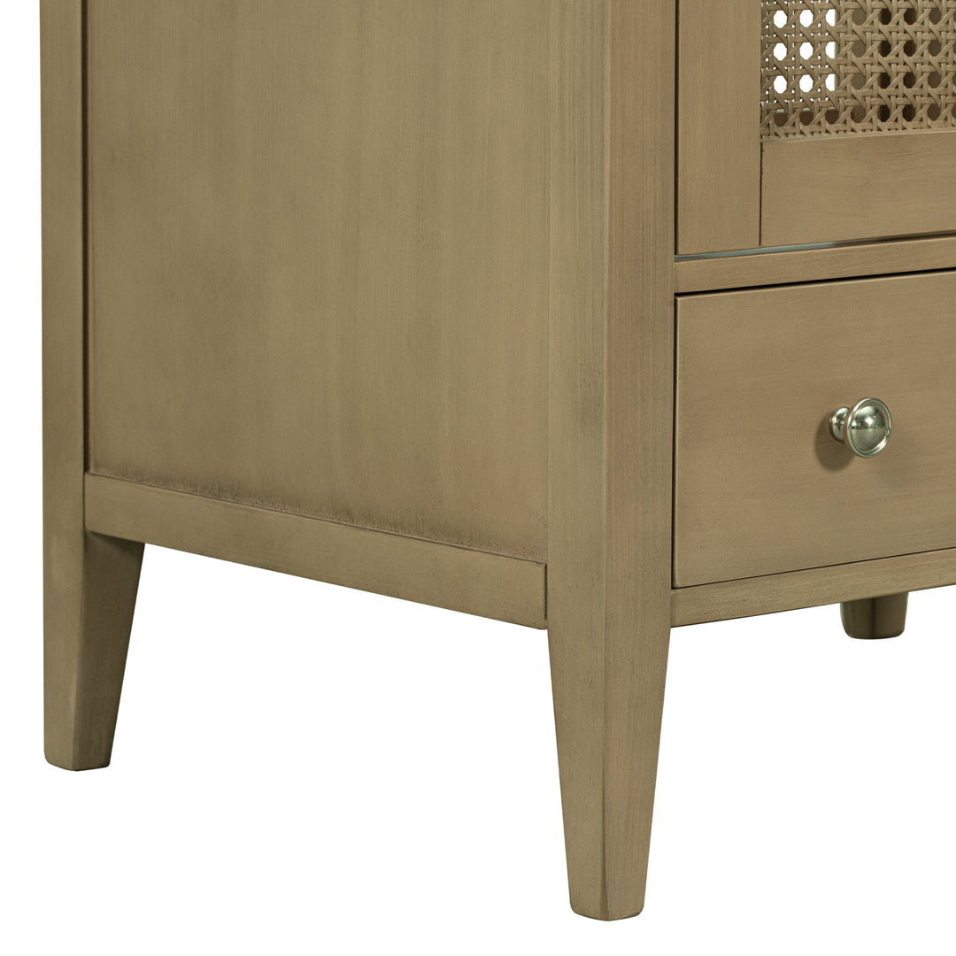 24" Bathroom Vanity with Ceramic Basin, Rattan Bathroom Storage Cabinet with Two Doors and Drawer, Solid Frame, Natural (OLD SKU: JL000008AAD)