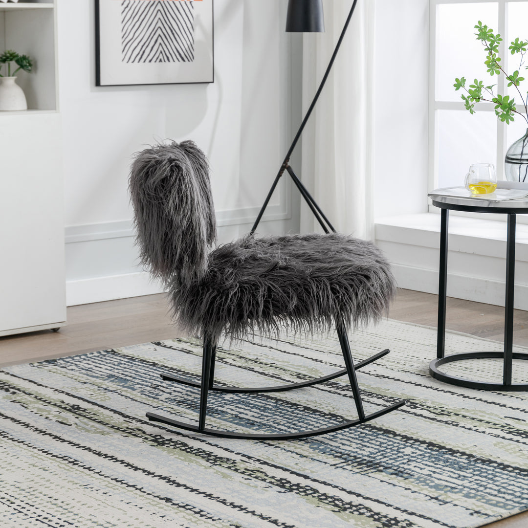 25.2'' Wide Faux Fur Plush Nursery Rocking Chair, Baby Nursing Chair with Metal Rocker, Fluffy Upholstered Glider Chair, Comfy Mid Century Modern Chair for Living Room, Bedroom (Gray)