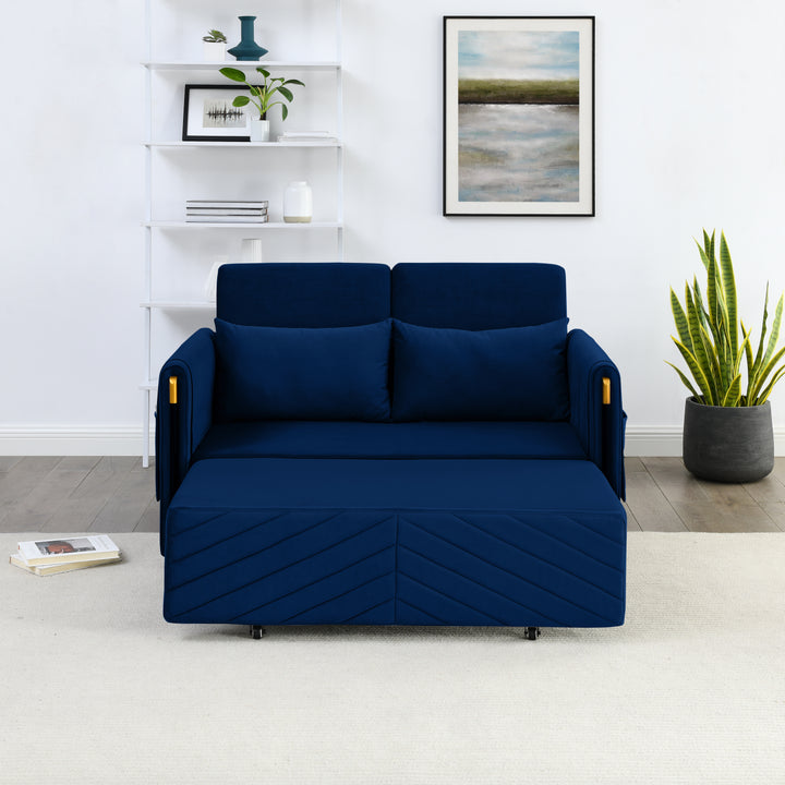 MH 54" Modern Convertible Sofa Bed with 2 Detachable Arm Pockets, Velvet Loveseat Multi-position adjustable Sofa with Pull Out Bed with Bedhead, 2 Pillows and Living Room, Blue