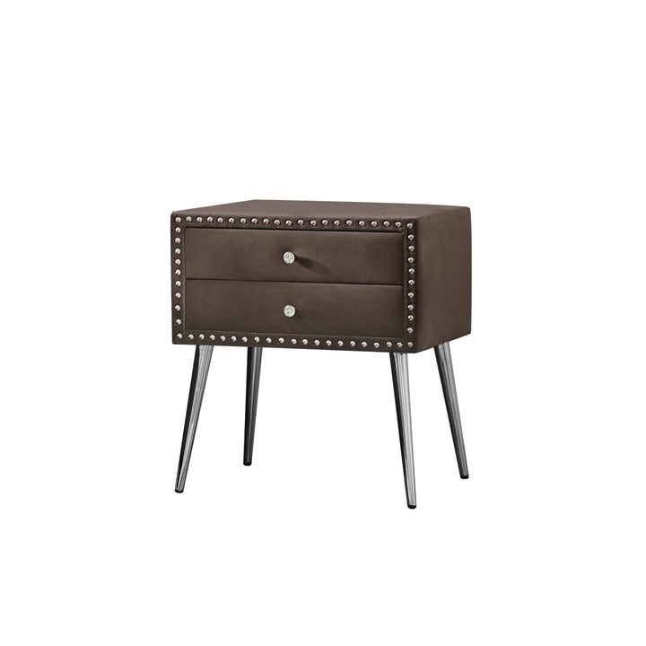 B109-TA Upholstered in durable 100% Brown Velvet nightstand                  
Classic silver rivet elegant button tufted design with two drawer and metal legs