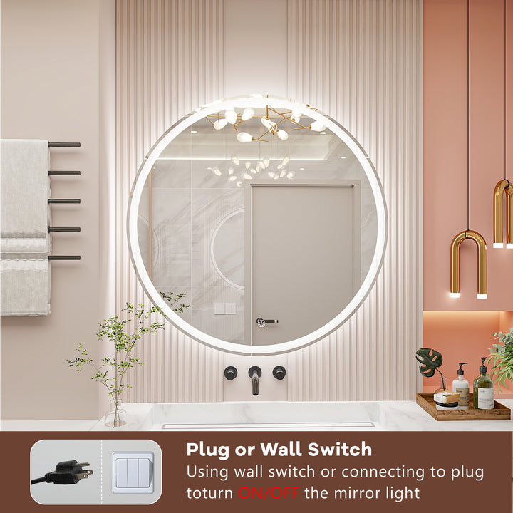 28 Inch Round Backlit Bathroom Mirror, LED round mirror with lighting strip, waterproof LED strip with adjustable 3-color and dimmable lighting,Touch Control, Vanity Mirror