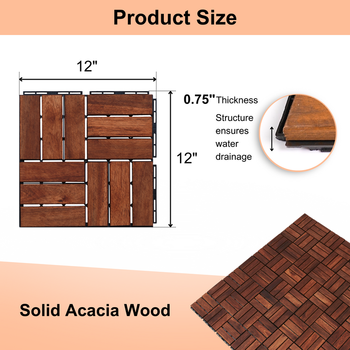 10 PCS Interlocking Deck Tiles Checker Pattern, 12" x 12" Square Brown Acacia Hardwood Outdoor Flooring for Patio, Bancony, Pool Side,...