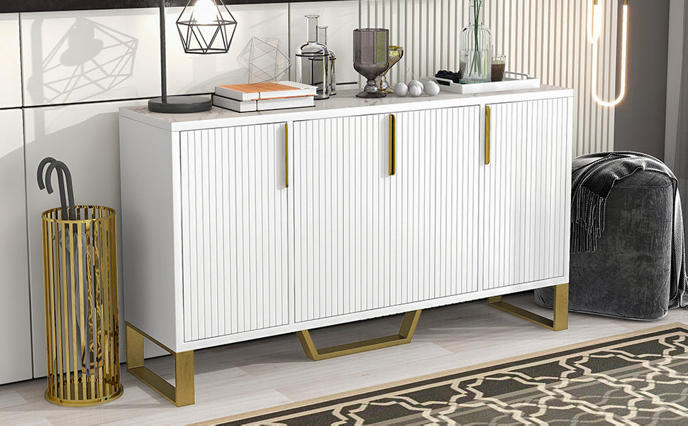 TREXM Modern sideboard with Four Doors, Metal handles & Legs and Adjustable Shelves Kitchen Cabinet (White)