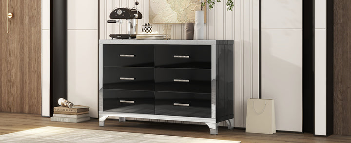 Elegant High Gloss Dresser with Metal Handle,Mirrored Storage Cabinet with 6 Drawers for Bedroom,Living Room,Black