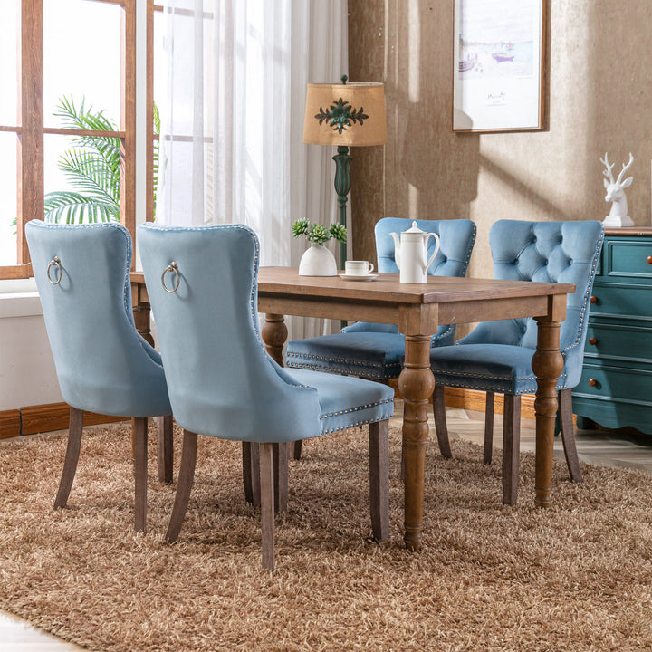 Nikki Collection Modern, High-end Tufted Solid Wood Contemporary Velvet Upholstered Dining Chair with Wood Legs Nailhead Trim 2-Pcs Set,Light Blue, SW2001LB