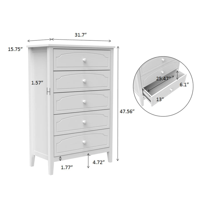 White Contemporary Roman Style, Solid Wood 5 Drawers Chest Bedroom Furniture, Drawer Storage, Tall Chest, Dresser 5 Drawers For Living Room, Entryway. Paint Sprayed Finishing