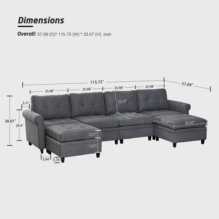 U Shaped Sectional Couch Convertible Sectional Couch with Double Chaise 4 Seat Sectional Sofa for Living Room