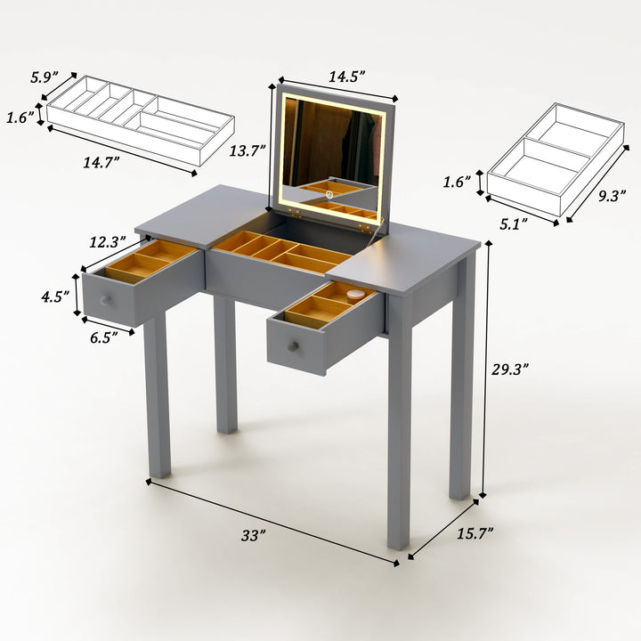 Sleek Grey Vanity Table with LED Lights, Flip-Top Mirror and 2 Drawers, Jewelry Storage for Women Dressing