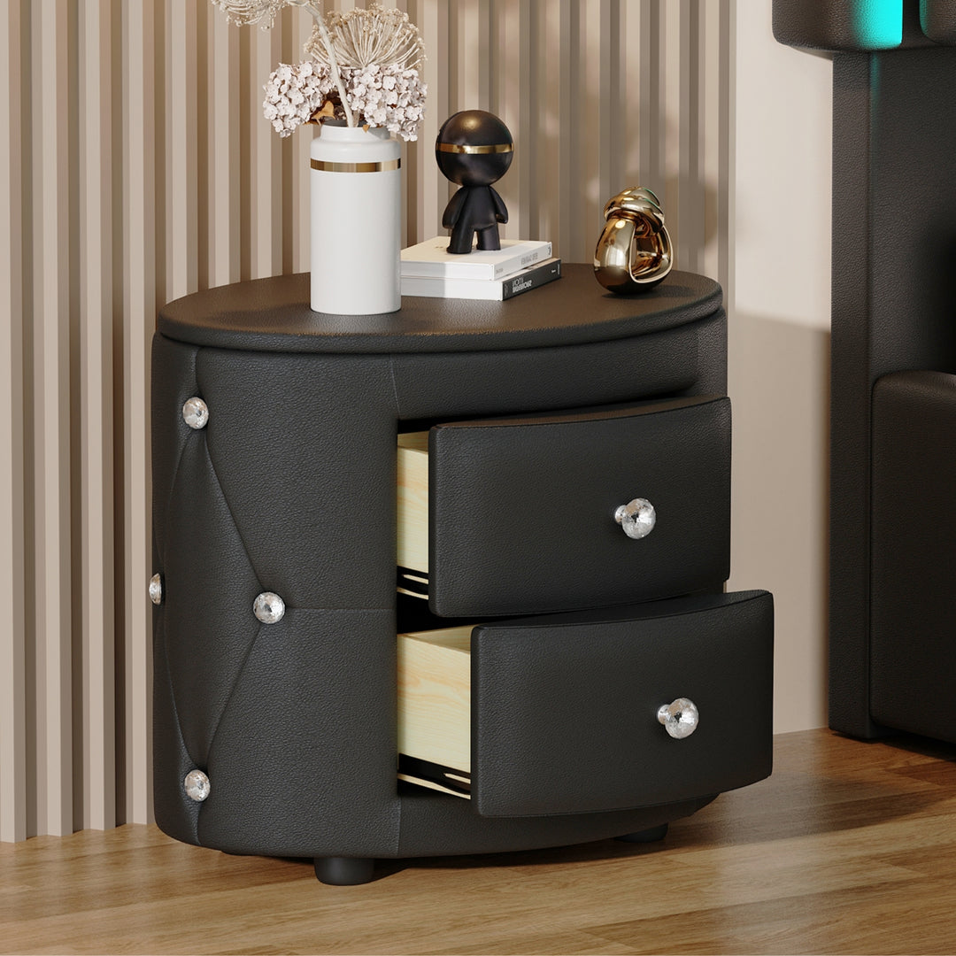 Elegant PU Nightstand with 2 Drawers and Crystal Handle,Fully Assembled Except Legs&Handles,Storage Bedside Table - Black