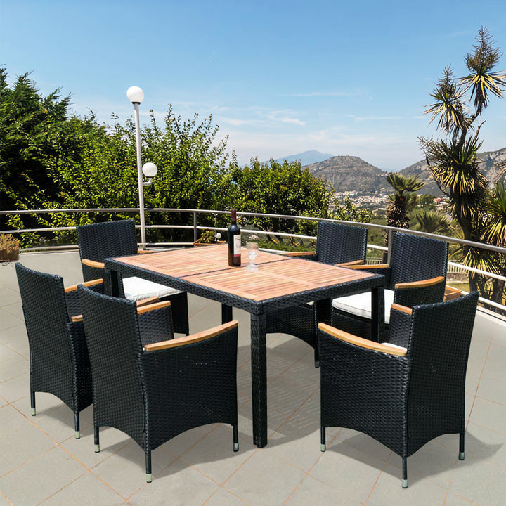 EELIFEE 7 piece Outdoor Patio Wicker Dining Set Patio Wicker Furniture Dining Set w/Acacia Wood Top