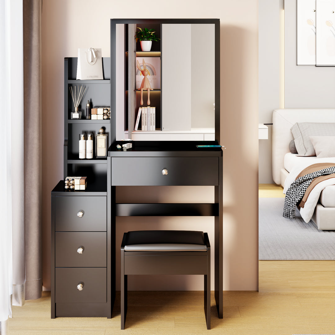 Small Space Left Bedside Cabinet Vanity Table + Cushioned Stool, Extra Large Right sliding mirror, Multi Layer High Capacity Storage, Practical Fashionable Dresser, Suitable for Girls Up to 5.6ft Tall