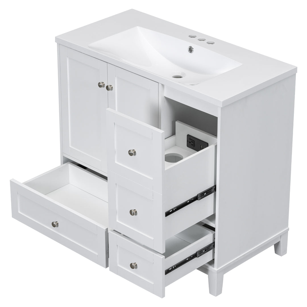 36 Inch Modern Bathroom Vanity with USB Charging, Two Doors and Three Drawers Bathroom Storage Vanity Cabinet, Small Bathroom Vanity cabinet with single sink , White & Gray Blue - Faucets Not Included