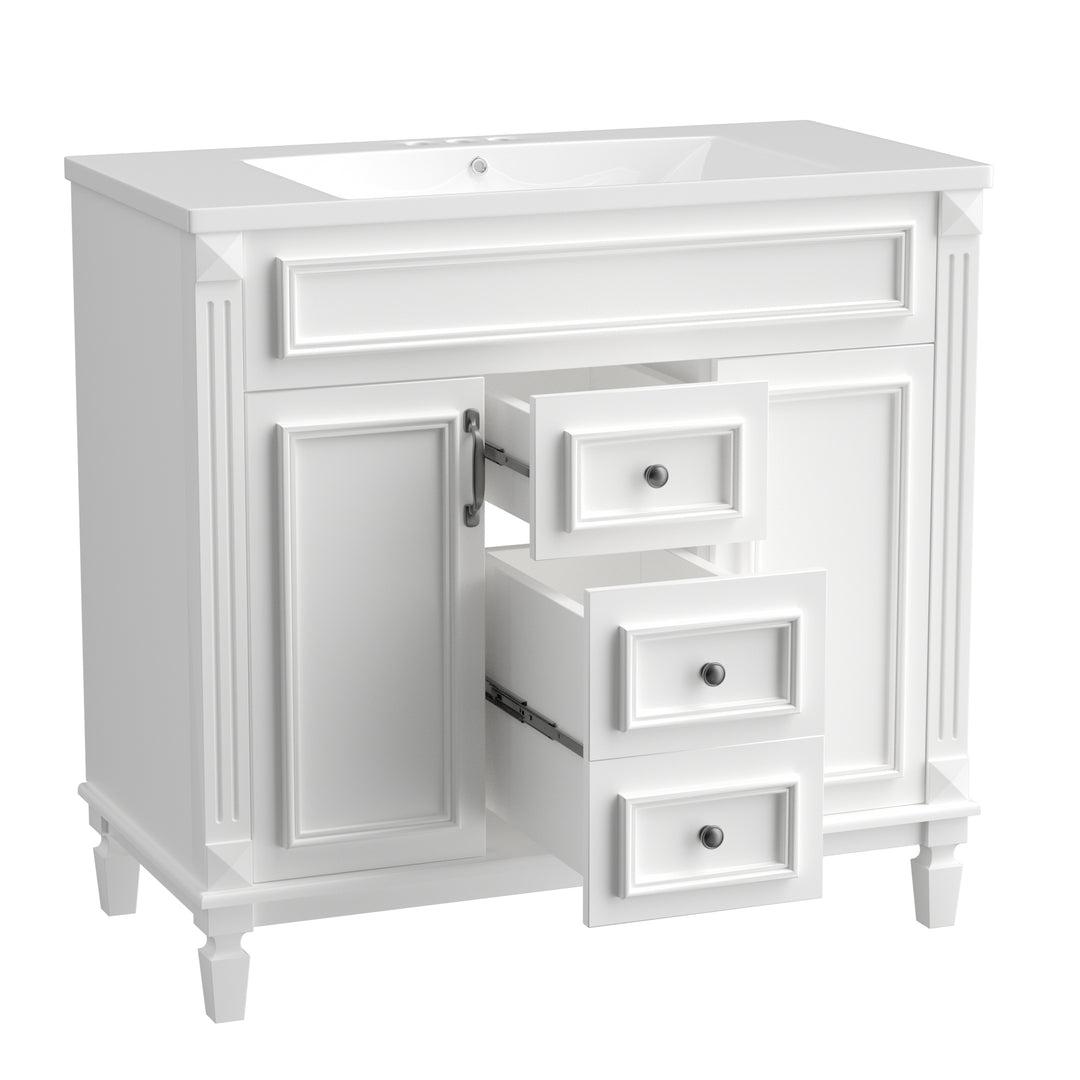 36'' Bathroom Vanity with Top Sink, White Mirror Cabinet, Modern Bathroom Storage Cabinet with 2 Soft Closing Doors and 2 Drawers, Single Sink Bathroom Vanity