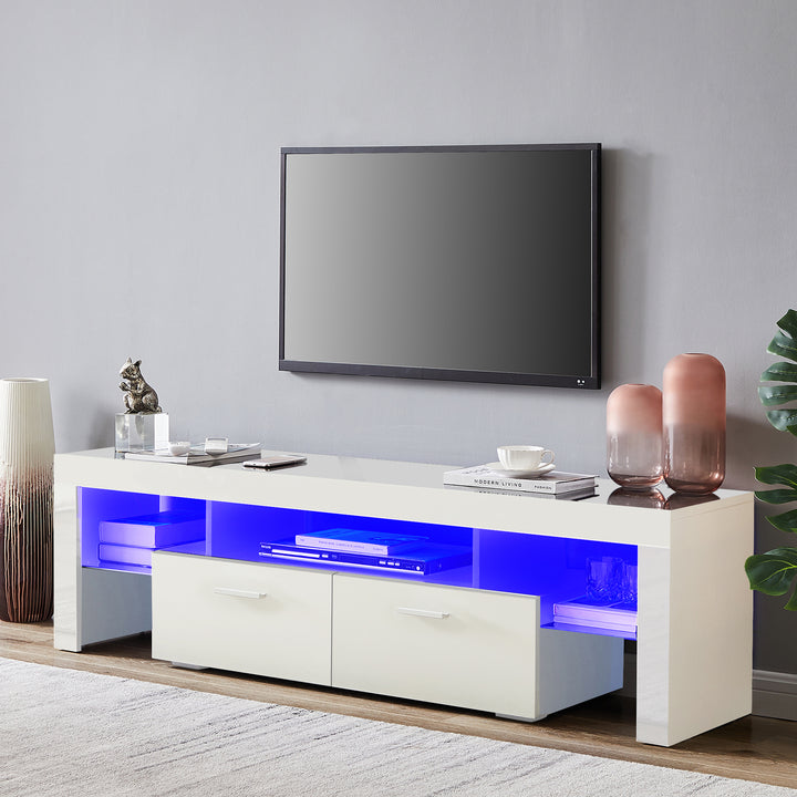 FashionTVstandTVcabinet,EntertainmentCenter,TVstationTV console,media console,with LEDlight belt,light belt remote control,toughenedglassshelf,metal handle,Canbeplaced in the living room,bedroom,White