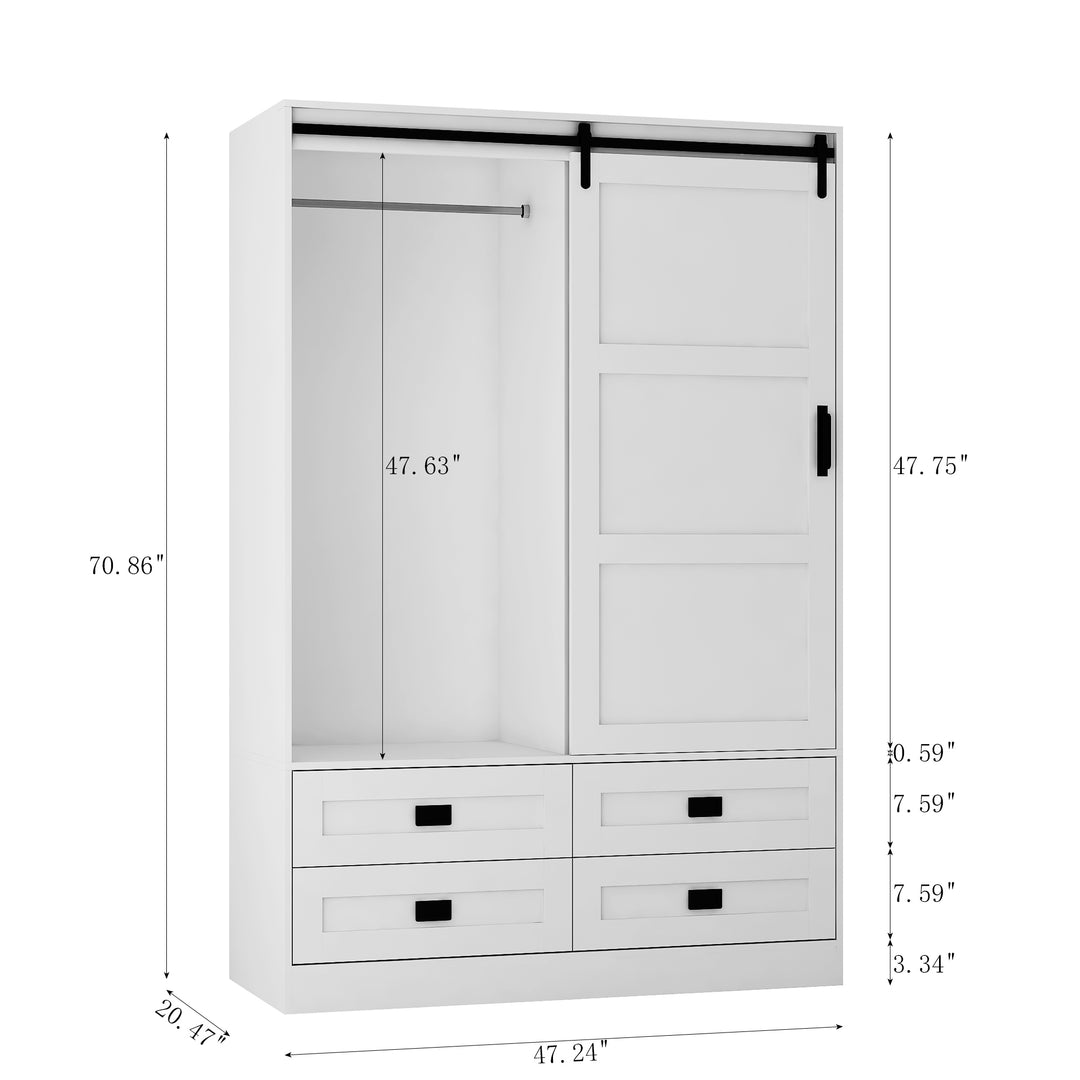 Tall Bedroom Armoire Wardrobe Closet Clothing Storage Cabinet with Hanging Rod Barn Door Drawers Open Shelves