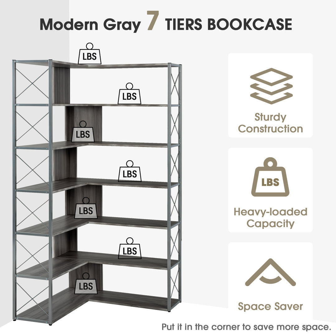 Silver+Grey 7-Tier Bookcase Home Office Bookshelf,  L-Shaped Corner Bookcase with Metal Frame, Industrial Style Shelf with Open Storage, MDF Board