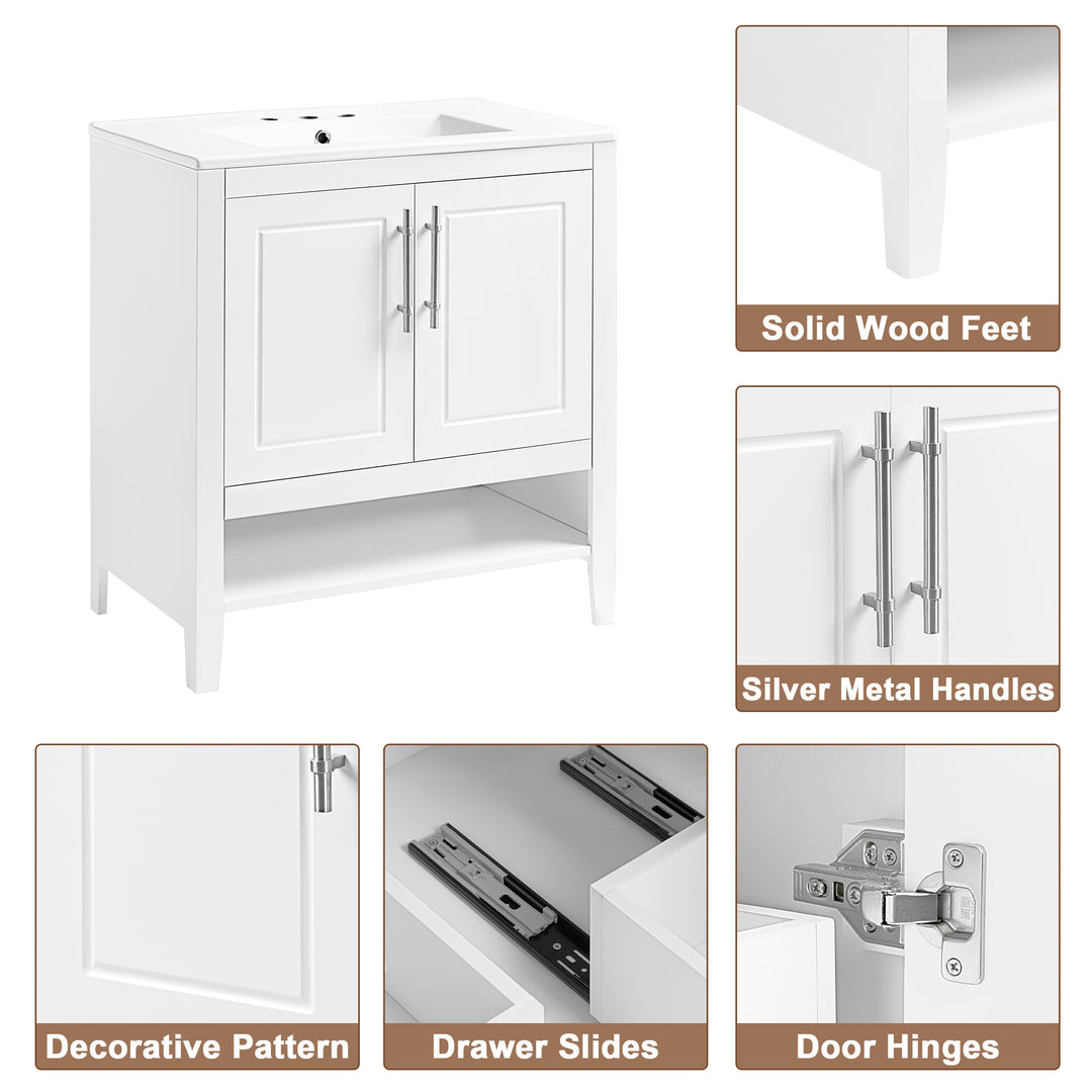 30" Bathroom Vanity with Sink, Multi-functional Bathroom Cabinet with Doors and Drawers, Solid Frame and MDF Board, White