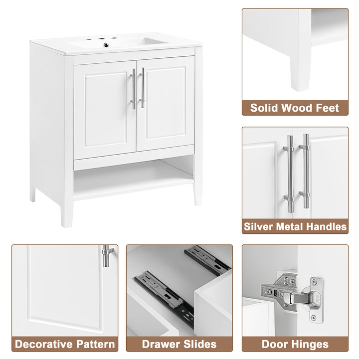 30" Bathroom Vanity with Sink, Multi-functional Bathroom Cabinet with Doors and Drawers, Solid Frame and MDF Board, White