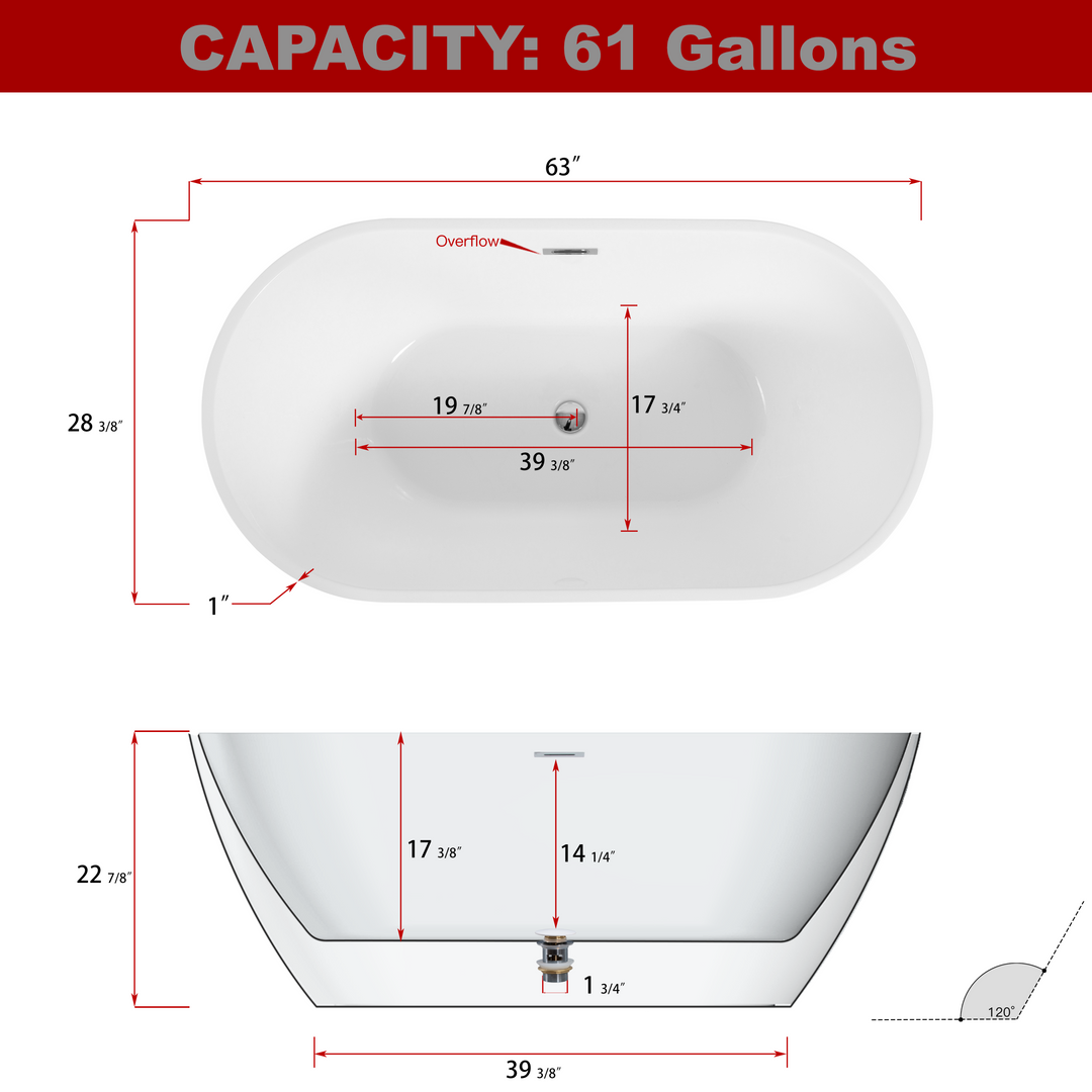 Shiny White Acrylic Freestanding Soaking Bathtub with Chrome Overflow and Drain, cUPC Certified - 63*28.8 22A09-63