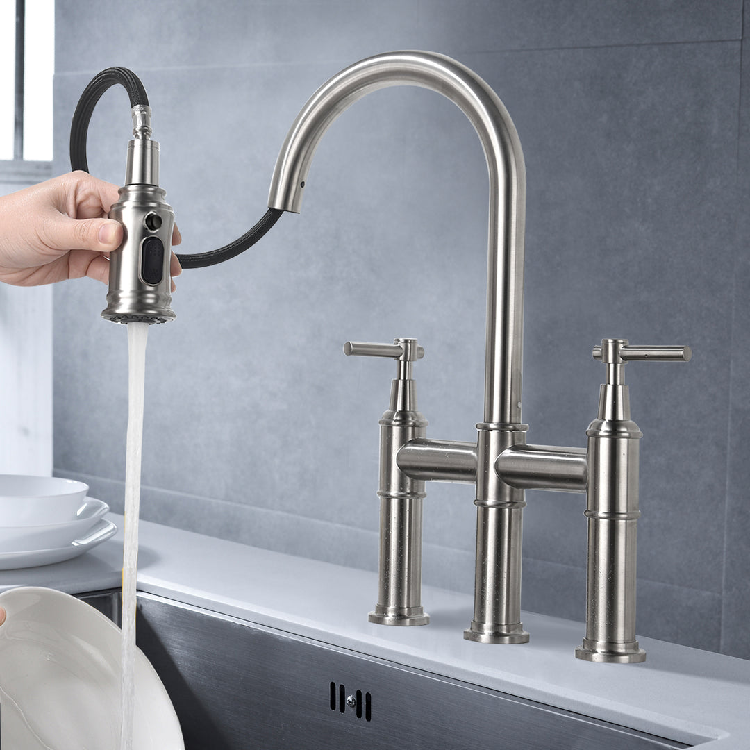 Bridge Kitchen Faucet with Pull-Down Sprayhead in Spot