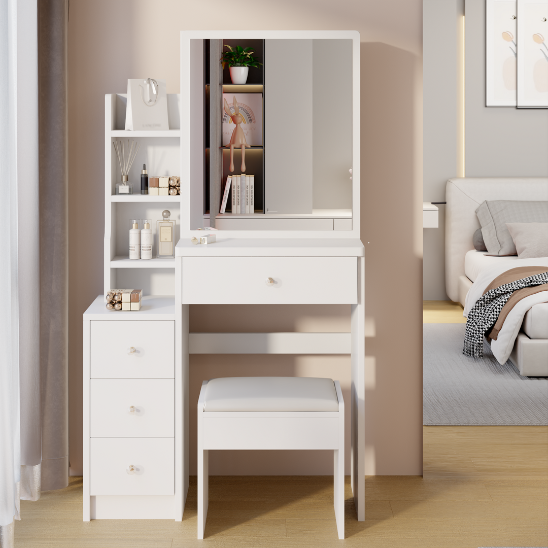 Small Space Left Bedside Cabinet Vanity Table + Cushioned Stool, Extra Large Right sliding mirror, Multi Layer High Capacity Storage, Practical Fashionable Dresser, Suitable for Girls Up To 5.6ft Tall