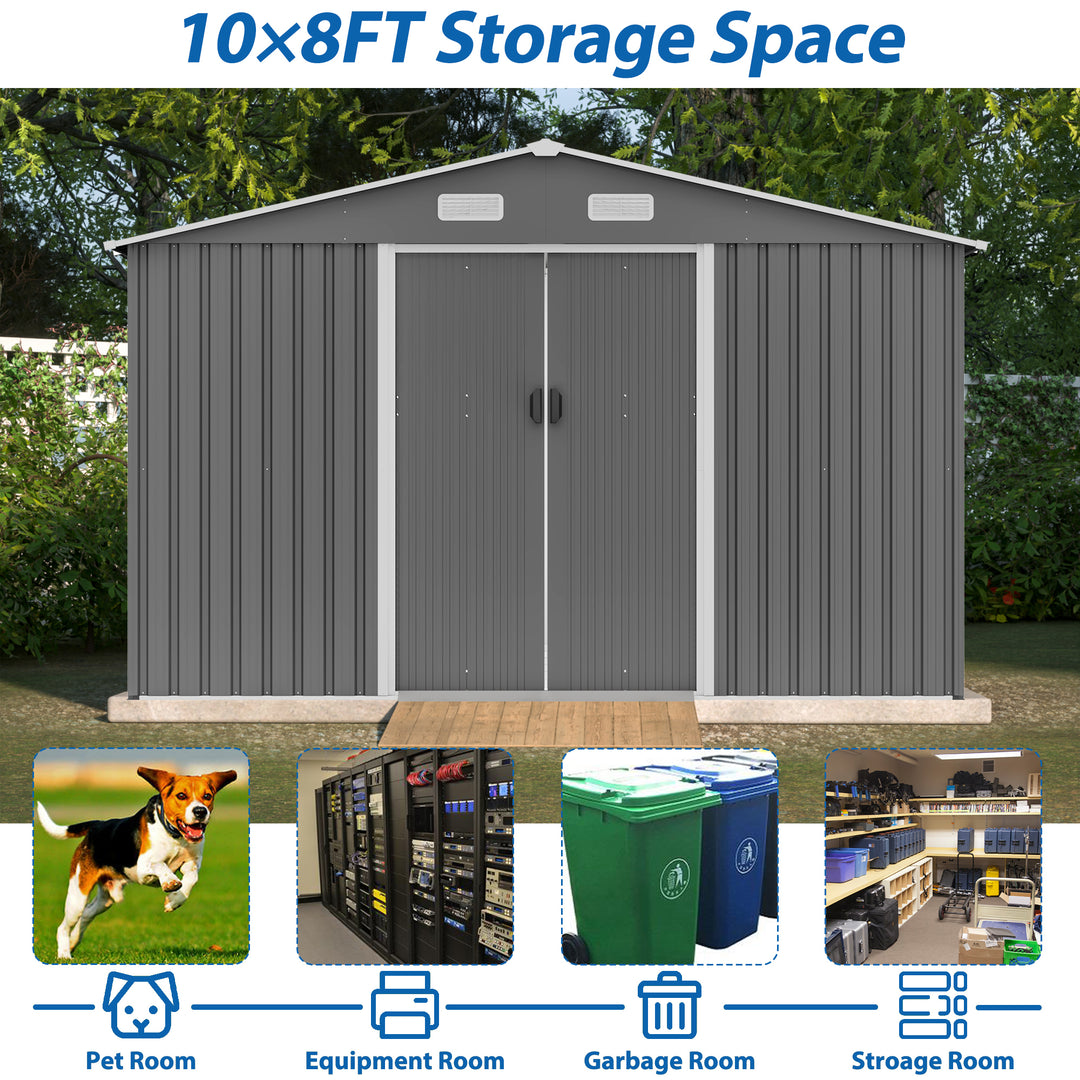 10X8 FT Outdoor Storage Shed, All Weather Metal Sheds with Metal Foundation & Lockable Doors, Tool Shed for Garden, Patio, Backyard, Lawn, Grey