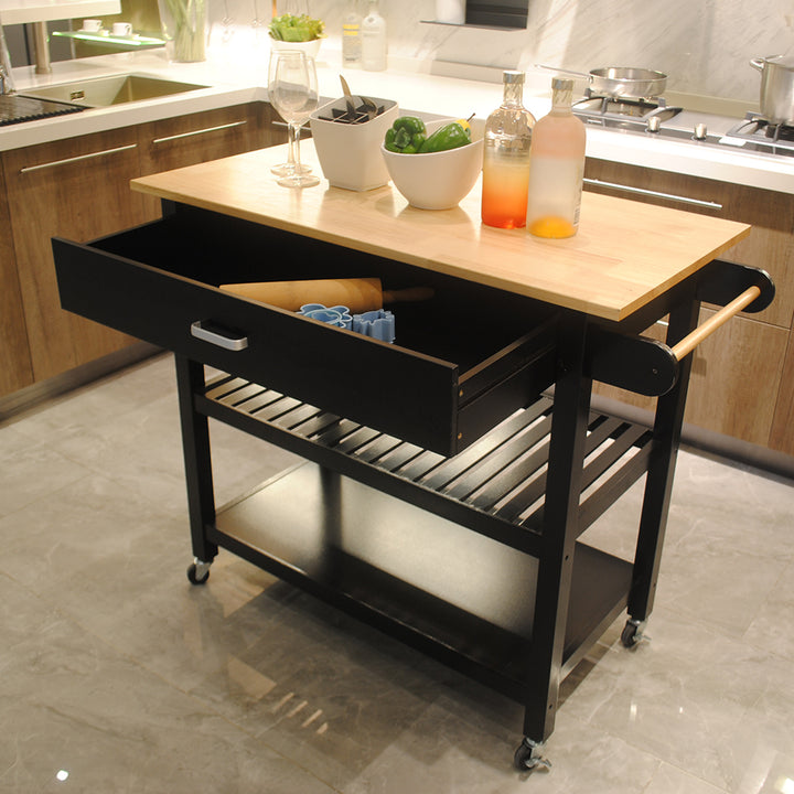 Kitchen Island & Kitchen Cart, Mobile Kitchen Island with Two Lockable Wheels, Rubber Wood Top, Black Color Design Makes It Perspective Impact During Party.