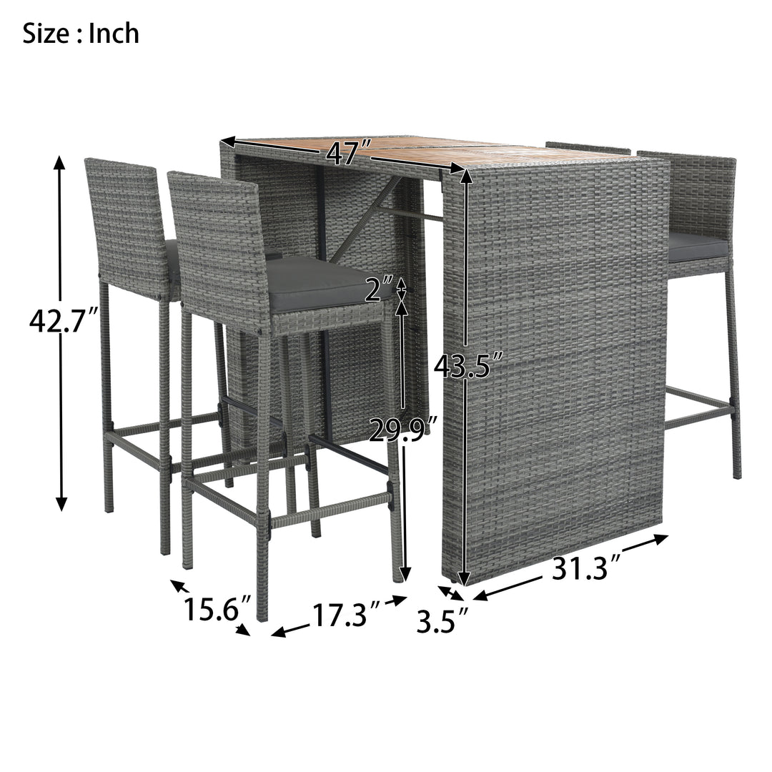 GO 5-pieces Outdoor Patio Wicker Bar Set, Bar Height Chairs With Non-Slip Feet And Fixed Rope, Removable Cushion, Acacia Wood Table Top, Brown Wood And Gray Wicker