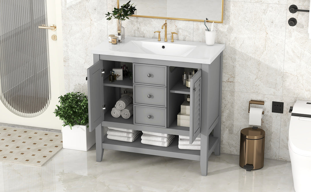 36" Bathroom Vanity with Ceramic Basin, Two Cabinets and Drawers, Open Shelf, Solid Wood Frame, Grey (OLD SKU: SY999101AAE)