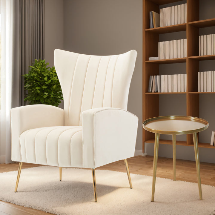 Velvet Accent Chair with table, Wingback Arm Chair with Gold Legs, Upholstered Single Sofa for Living Room Bedroom, White