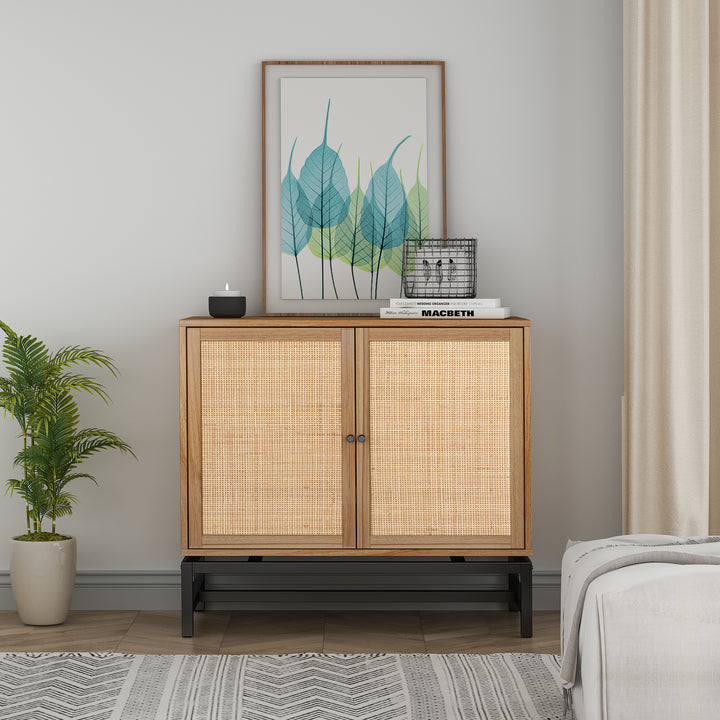 Natural rattan, 2 door cabinet, with 1 Adjustable Inner Shelves, rattan, Accent Storage Cabinet