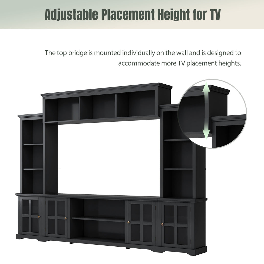 [VIDEO provided] ON-TREND Minimalism Entertainment Wall Unit with Bridge, Modern TV Console Table for TVs Up to 70", Multifunctional TV Stand with Tempered Glass Door, Black (Old SKU: SD000009AAB)