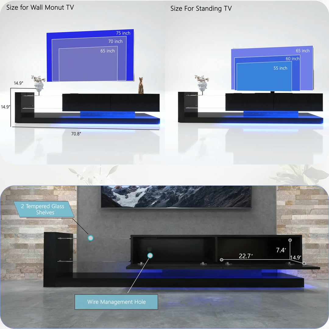 TV Console with Storage Cabinets, Full RGB Color 31 Modes Changing Lights Remote RGB LED TV Stand, Modern Entertainment Center (Black, for 75 inches TV)