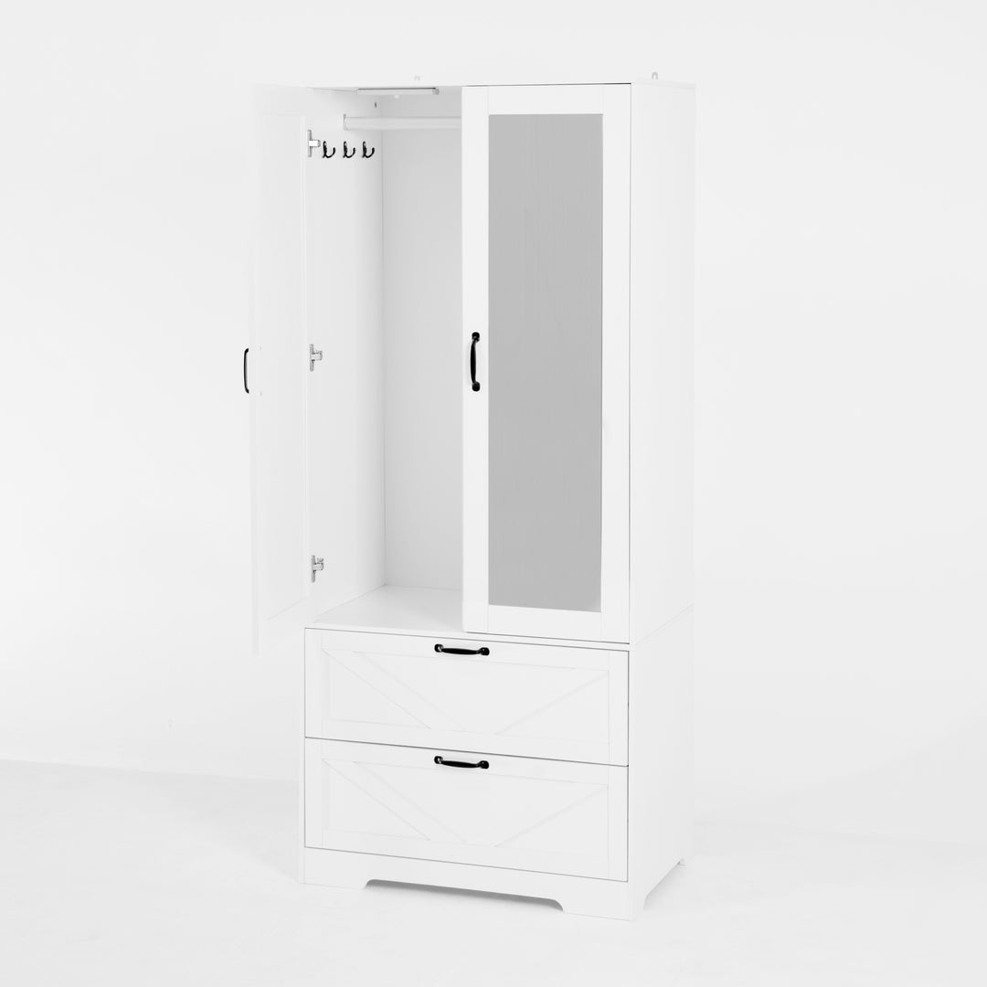 2 Door Wood Wardrobe for Bedroom with Hanging Clothing Rod inside the Cabinet and 2 Drawers for Storage Organization, Built-in induction light Multifunctional Closet with Mirror, White