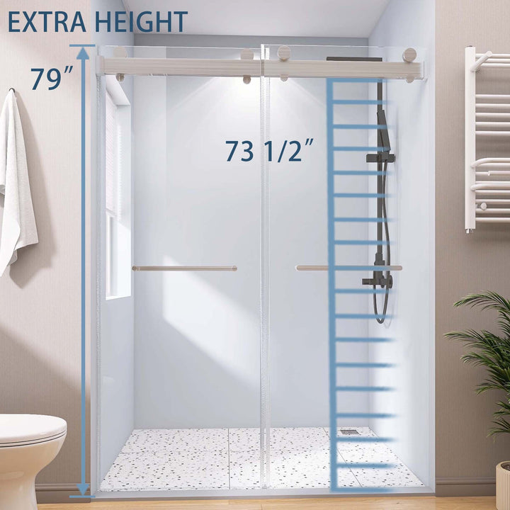 Frameless Double Sliding Shower, 57" - 60" Width, 79" Height, 3/8" (10 mm) Clear Tempered Glass, , Designed for Smooth Door with Clear Tempered Glass and Stainless Steel Hardware Brushed Nickel