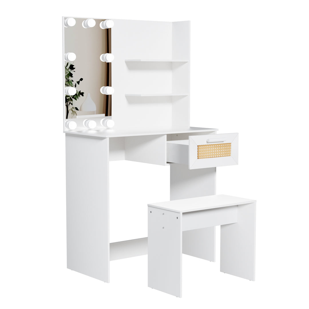 Vanity Desk Set Stool & Dressing Table with LED Lighting Mirror Drawer and Compartments Modern Wood Cosmetic Table Chest of Drawers White Color