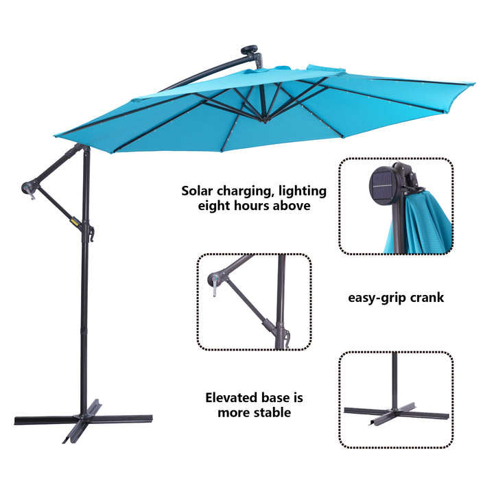 10 FT Solar LED Patio Outdoor Umbrella Hanging Cantilever Umbrella Offset Umbrella Easy Open Adustment with 32 LED Lights