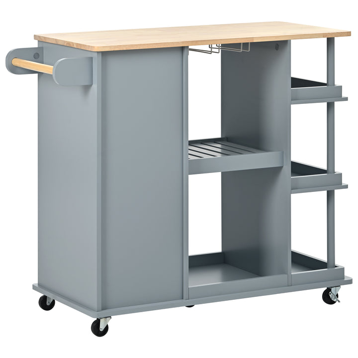 Multipurpose Kitchen Cart Cabinet with Side Storage Shelves,Rubber Wood Top, Adjustable Storage Shelves, 5 Wheels, Kitchen Storage Island with Wine Rack for Dining Room, Home,Bar,Grey Blue