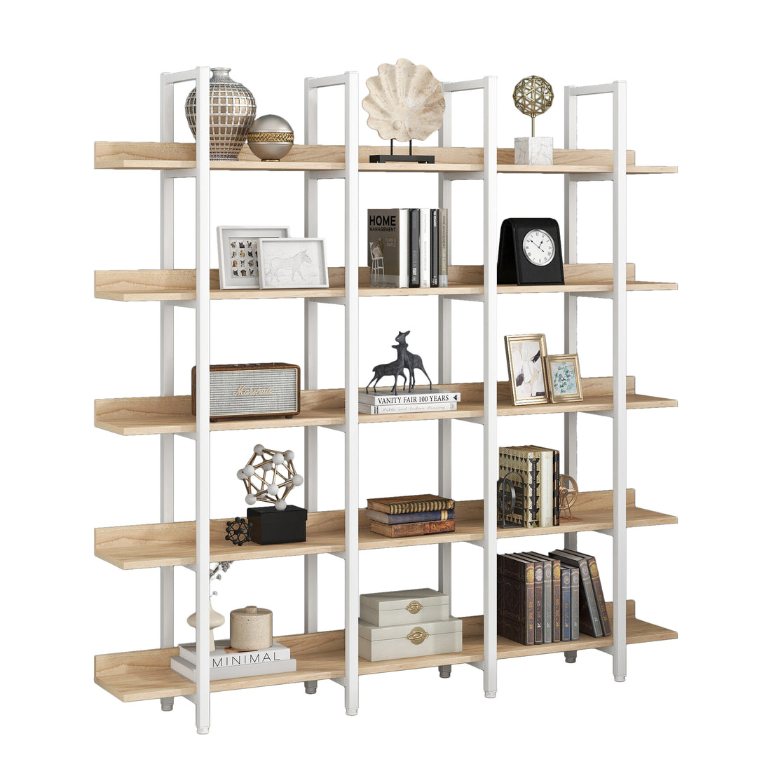 5 Tier Bookcase Home Office Open Bookshelf, Vintage Industrial Style Shelf, MDF Board, White Metal Frame, Oak