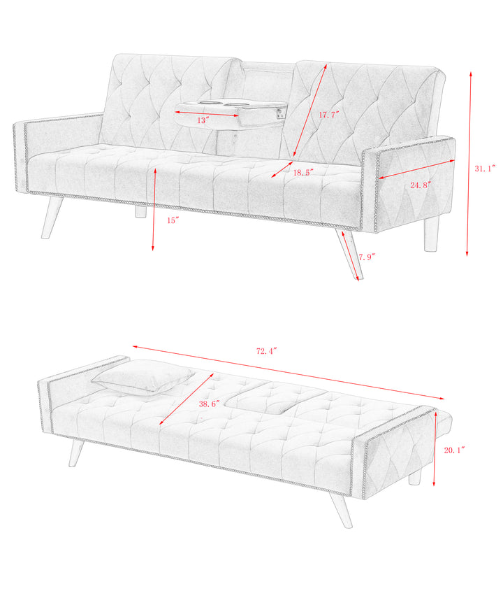 1730 Sofa Bed Armrest with Nail Head Trim with Two Cup Holders 72" Pink Velvet Sofa for Small Spaces