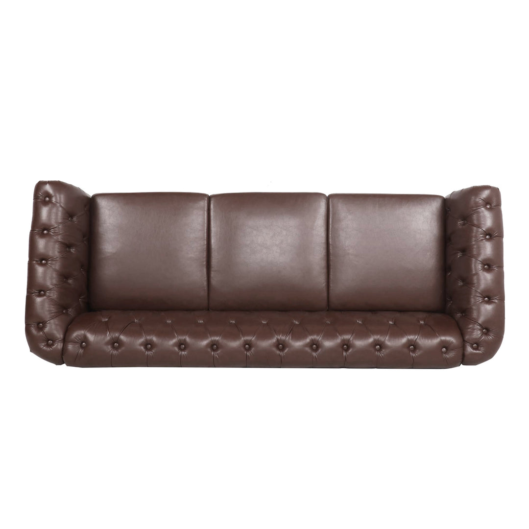 84.65" Dark Brown PU Rolled Arm Chesterfield Three Seater Sofa.