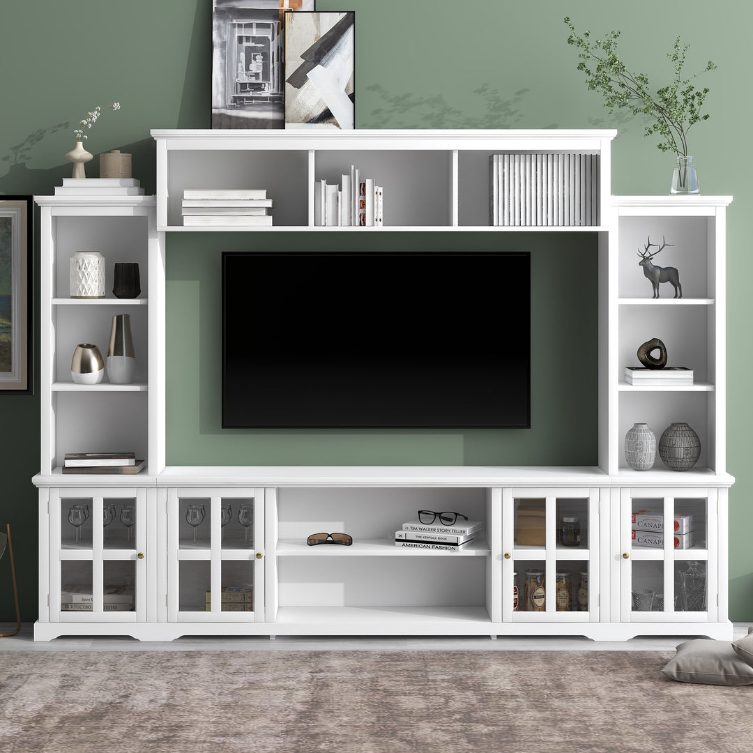 [VIDEO provided] ON-TREND Minimalism Entertainment Wall Unit with Bridge, Modern TV Console Table for TVs Up to 70", Multifunctional TV Stand with Tempered Glass Door, White (Old SKU: SD000009AAK)