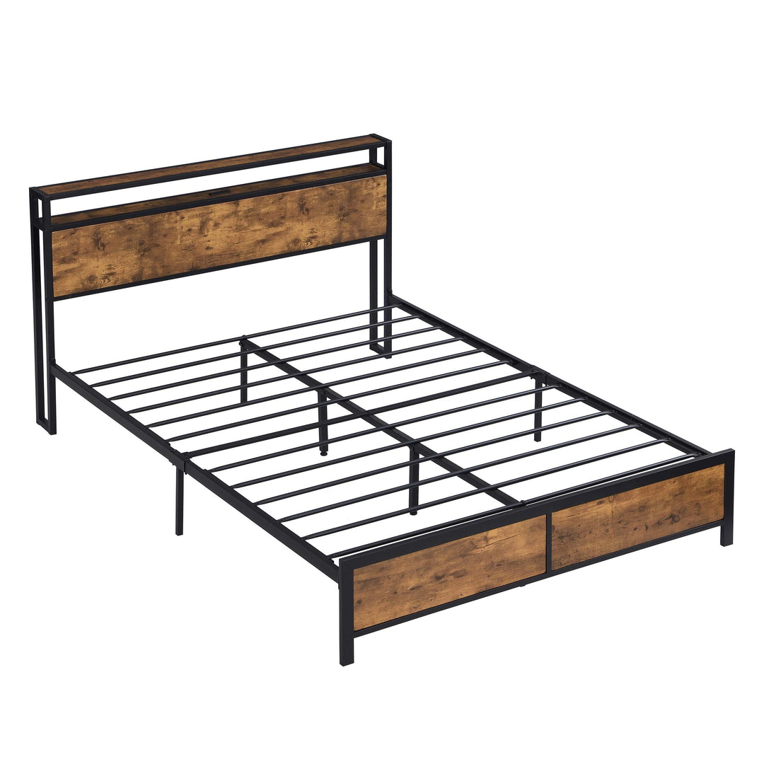 Industrial Full Bed Frame with LED Lights and 2 USB Ports, Bed Frame Full Size with Storage, Noise Free, No Box Spring Needed, Rustic Brown