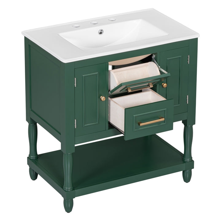 30" Bathroom Vanity with Sink Top, Bathroom Vanity Cabinet with Two Doors and Two Drawers, Solid Wood Frame, One Package, Green