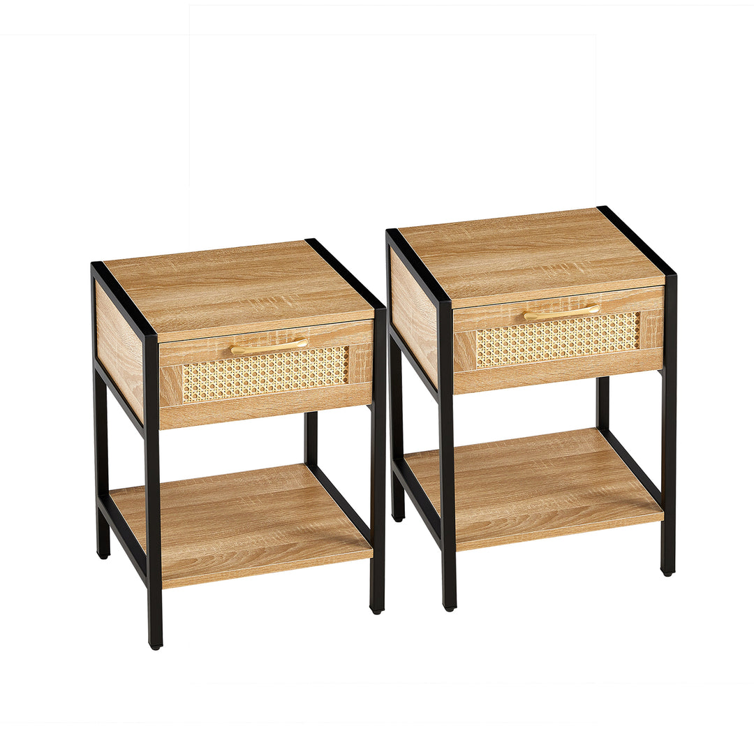 Set of 2, 15.74" Rattan End table with  drawer, Modern nightstand, metal legs,side table for living room, bedroom,natural