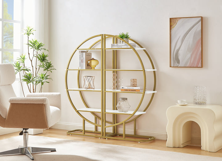 4 Tiers Home Office Open Bookshelf, Round Shape, Different Placement Ways, MDF Board, Gold Metal Frame, White