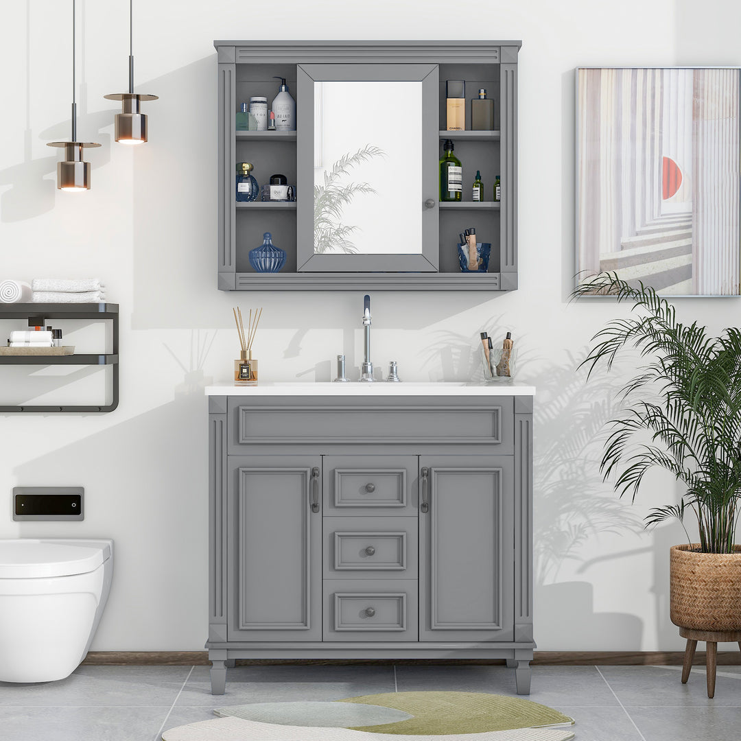 36'' Bathroom Vanity with Top Sink, Grey Mirror Cabinet, Modern Bathroom Storage Cabinet with 2 Soft Closing Doors and 2 Drawers, Single Sink Bathroom Vanity