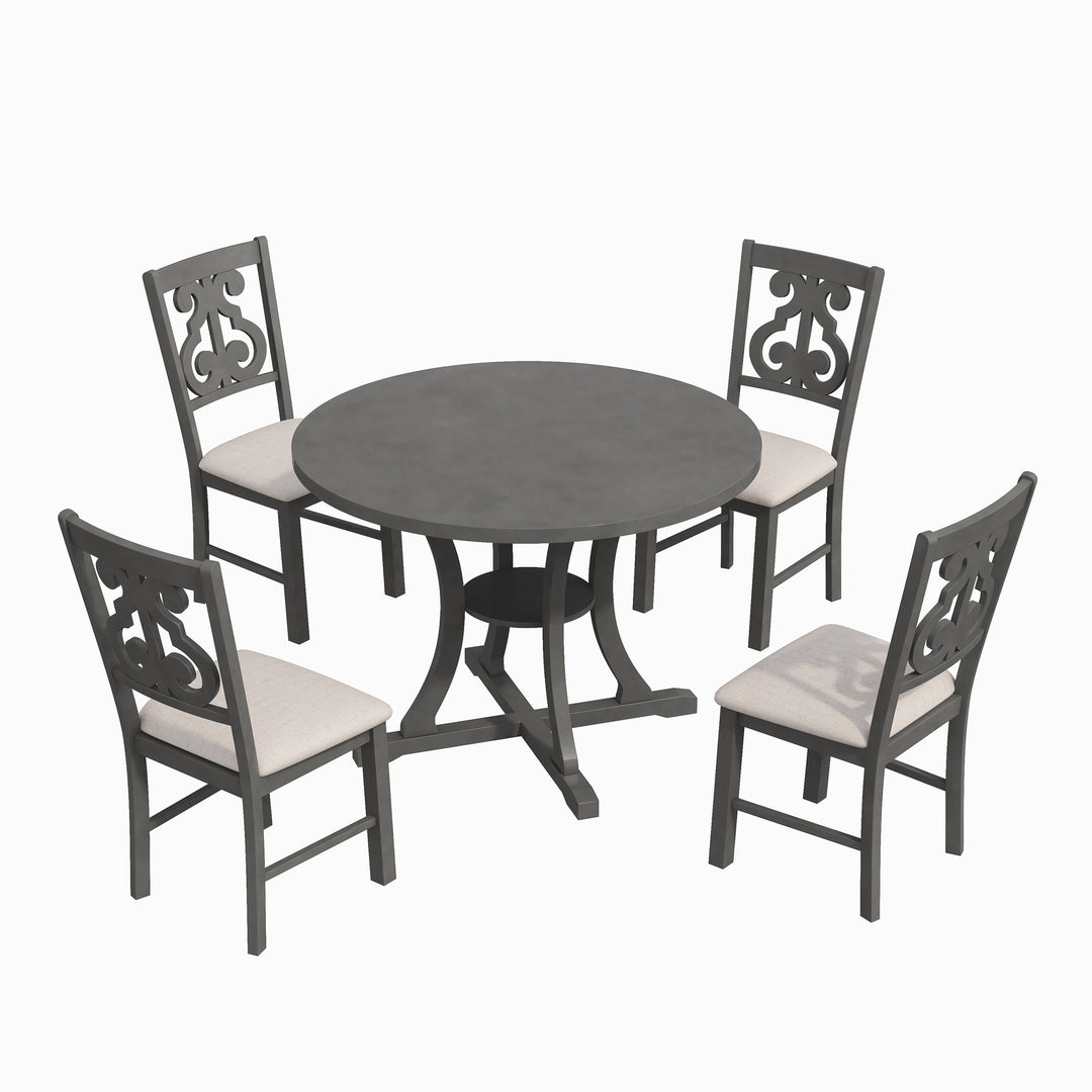 TREXM 5-Piece Round Dining Table and Chair Set with Special-shaped Legs and an Exquisitely Designed Hollow Chair Back for Dining Room (Gray)