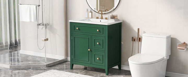 30" Bathroom Vanity with Sink Top, Bathroom Vanity Cabinet with Door and Two Drawers, Solid Wood Frame, One Package, Green
